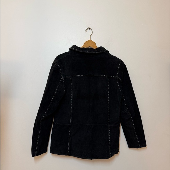 Vintage Black Suede Leather Jacket Contrast White Stitching Patch Boho 90s - Picture 5 of 6
